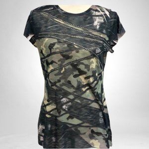 Camouflage top with rhinestone accents.